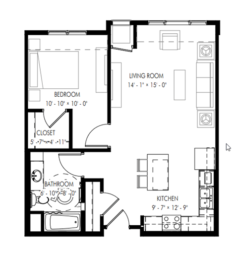 Floor plan for 1 bed, 1 bath, 738 sqft